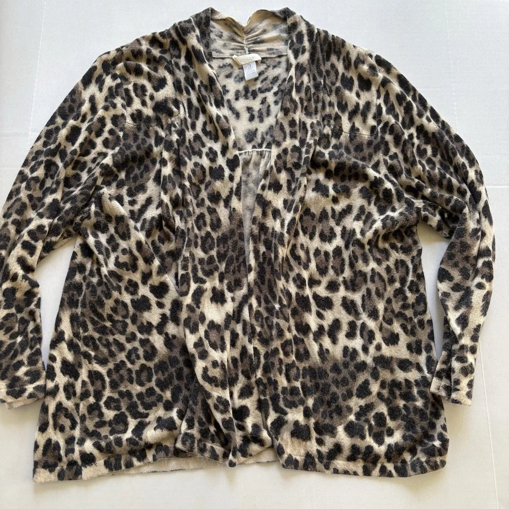 Chico's Leopard Print Silk Angora Open Shrug Cardigan Sweater Sz 3 A3259